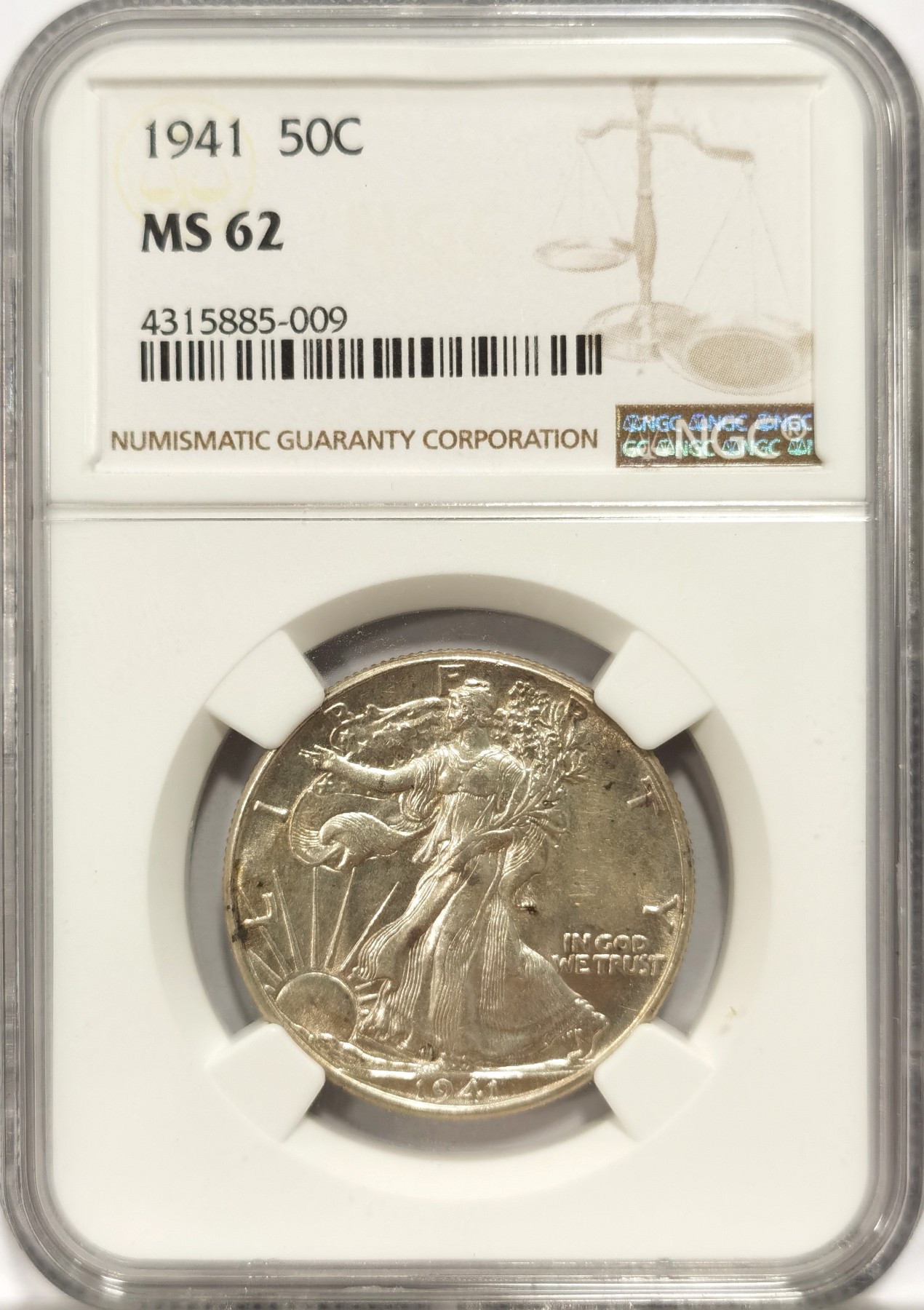 博洋堂【北京钱博会拍卖周】精品专场暨第54期（全场包邮） NGC MS62 美国1941年行走女神半美元银币，原汁原味老包浆，币面干净又漂亮，低评，状态和品质绝对不输63的分数