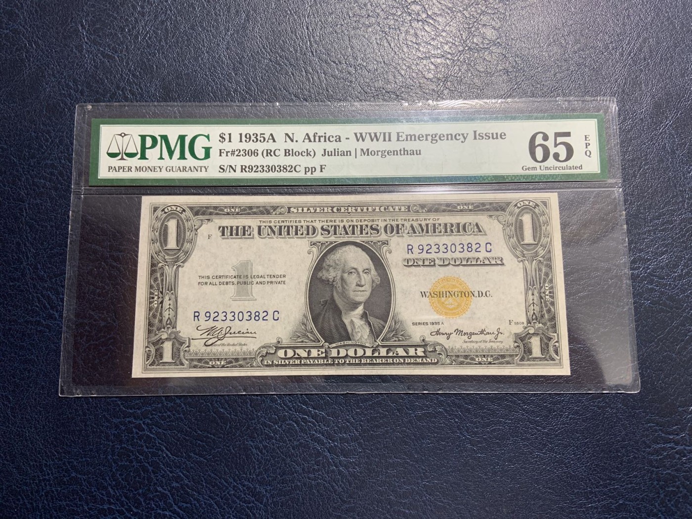 收藏联盟Quantum Auction 第307期拍卖  美国1935年1美元北非券 PMG65 号码无47