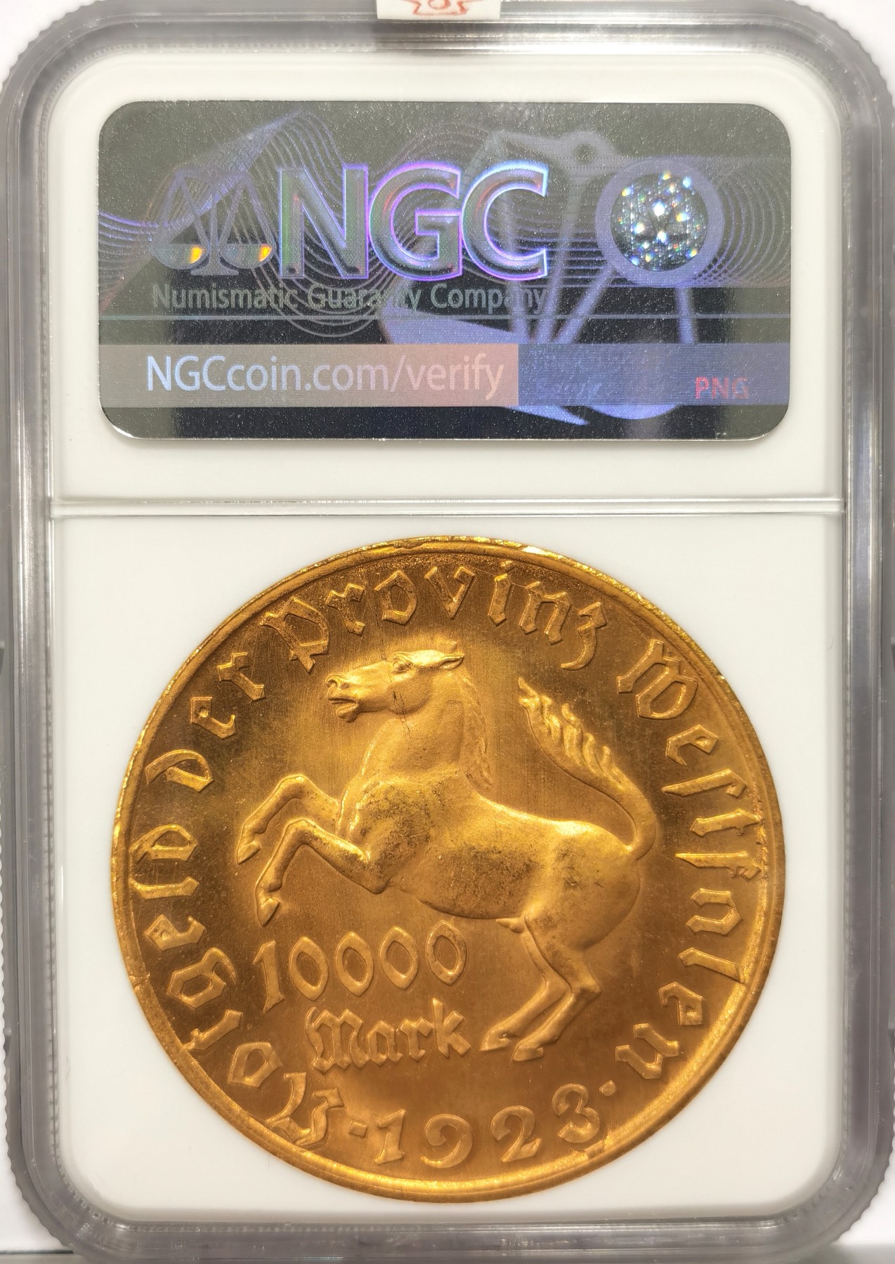 博洋堂【北京钱博会拍卖周】精品专场暨第54期（全场包邮） NGC MS66 德国紧急状态硬币1923年威斯特法伦10000马克镀金大马币，经典品种，完美品相，金层完整，镜面感强烈