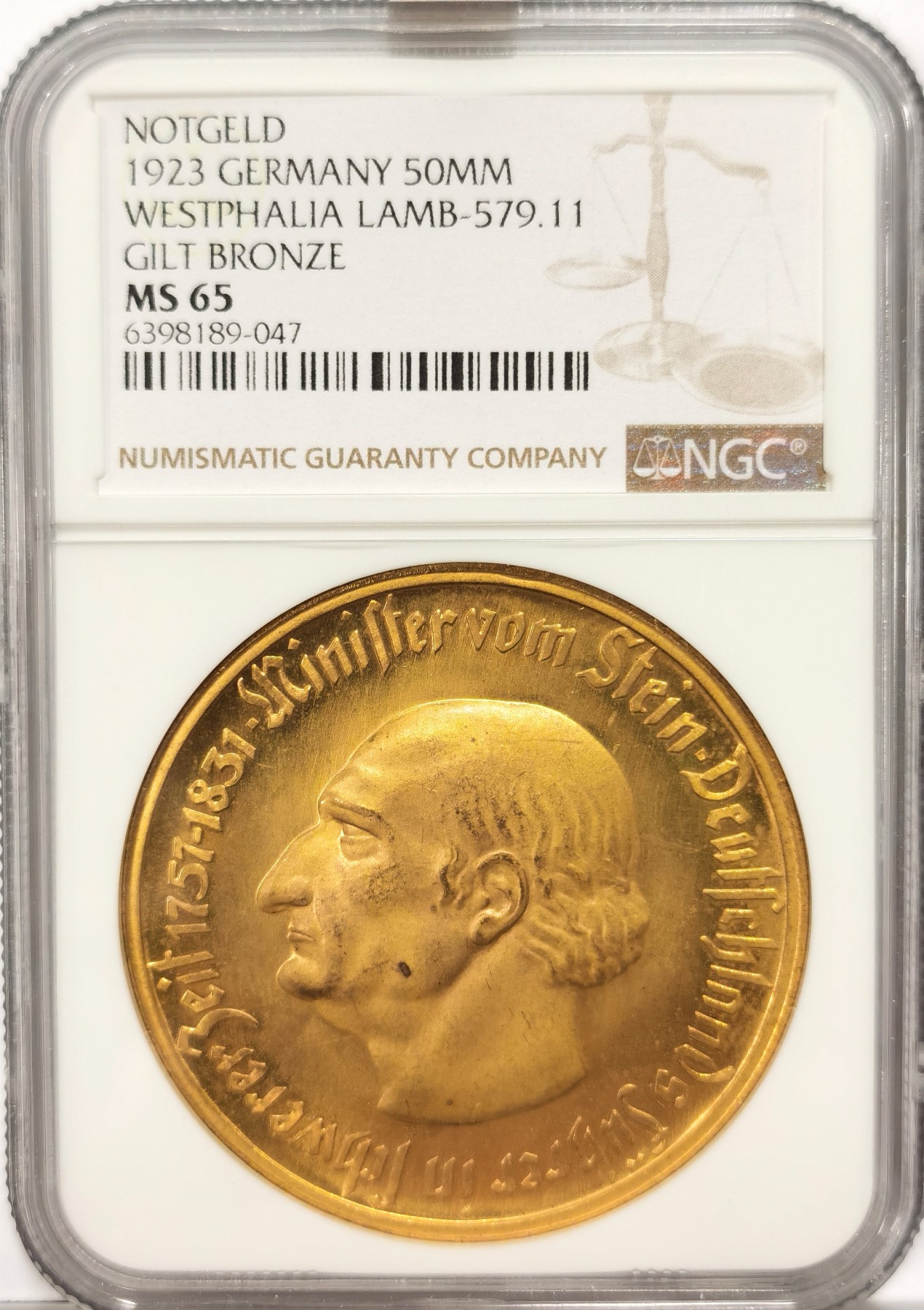 博洋堂【北京钱博会拍卖周】精品专场暨第54期（全场包邮） NGC MS65 德国紧急状态硬币1923年威斯特法伦五千万马克镀金大马币，经典品种，金层完整，镜面感强，略少见面值，凑套必备