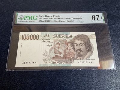 收藏联盟Quantum Auction 第307期拍卖  - 意大利1983年100000里拉 PMG67 号码无3457朦胧号  拉瓦乔名画《占卜者》和《一蓝水果》 背面为三色凹印