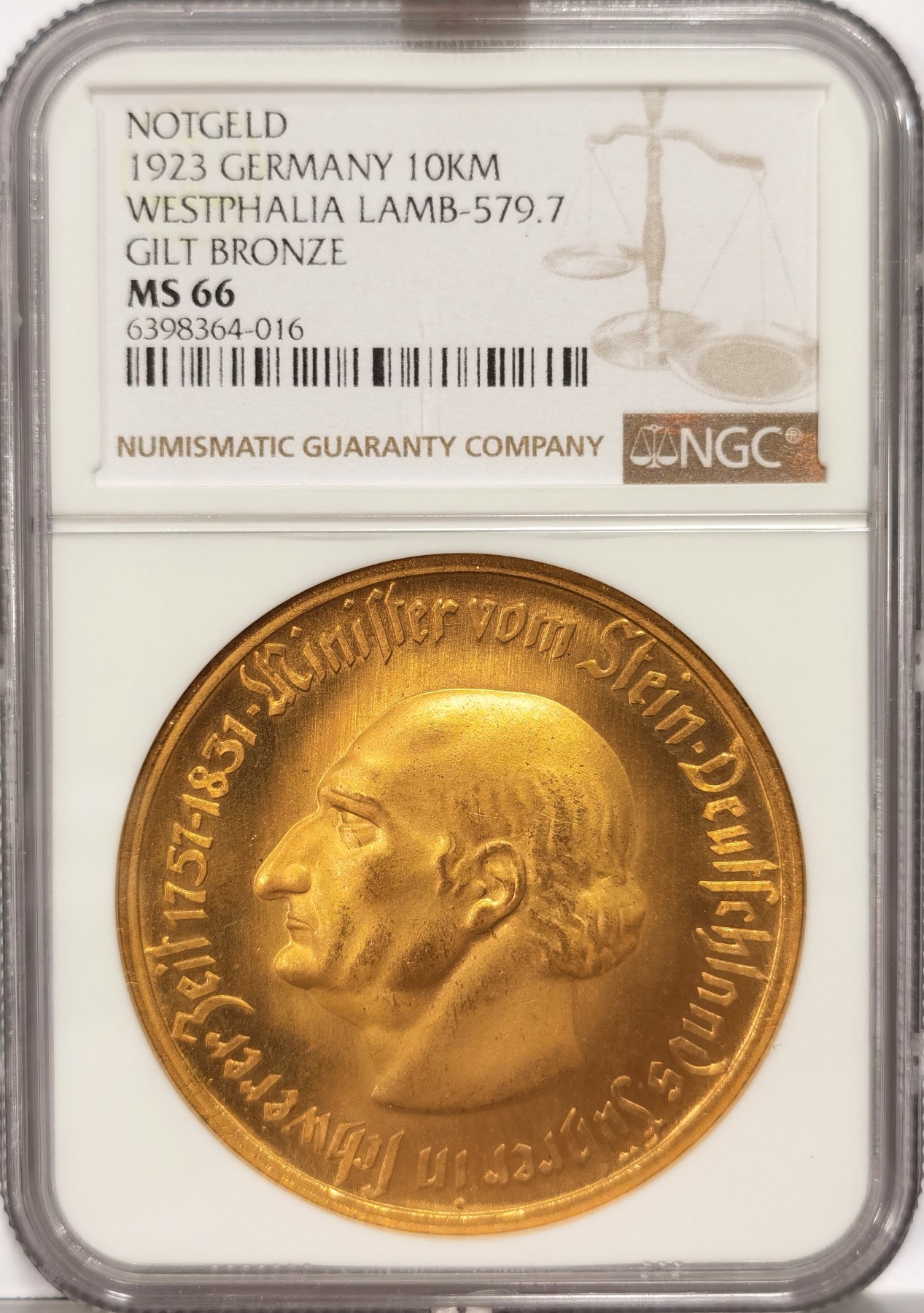 博洋堂【北京钱博会拍卖周】精品专场暨第54期（全场包邮） NGC MS66 德国紧急状态硬币1923年威斯特法伦10000马克镀金大马币，经典品种，完美品相，金层完整，镜面感强烈
