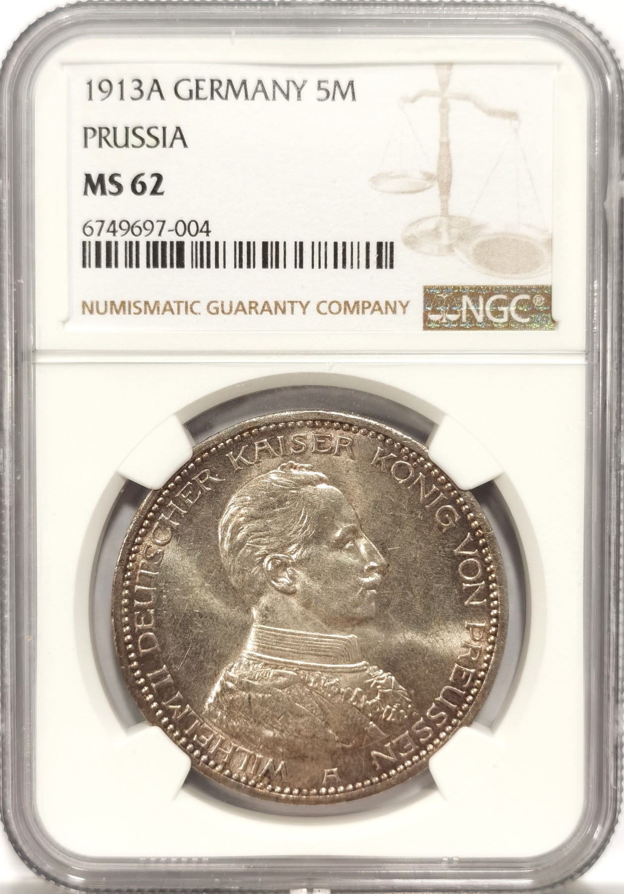 博洋堂【北京钱博会拍卖周】精品专场暨第54期（全场包邮） 1913年德国普鲁士王国威廉二世戎装像5马克银币NGC-MS62，打制深峻，转光强烈细节优秀。原汁原味黄油光老包浆，包浆浑厚，获得更高评分的数目97枚