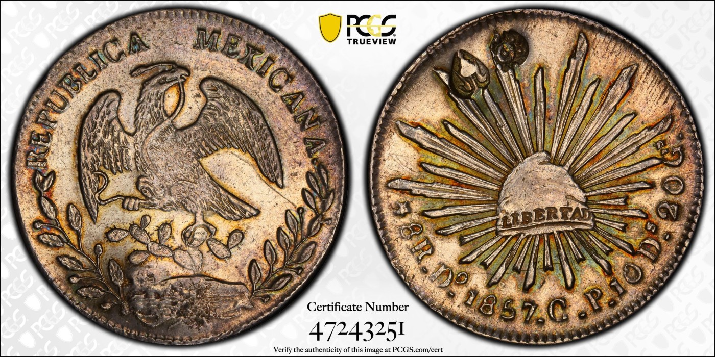 博洋堂【北京钱博会拍卖周】精品专场暨第54期（全场包邮） PCGS AU 泰国加盖墨西哥1857年DO厂鹰洋8R，分别加盖了脉轮及拉玛四世的印章，极其珍稀，2020年VF35成交价为20400美金，更多详见拍品介绍