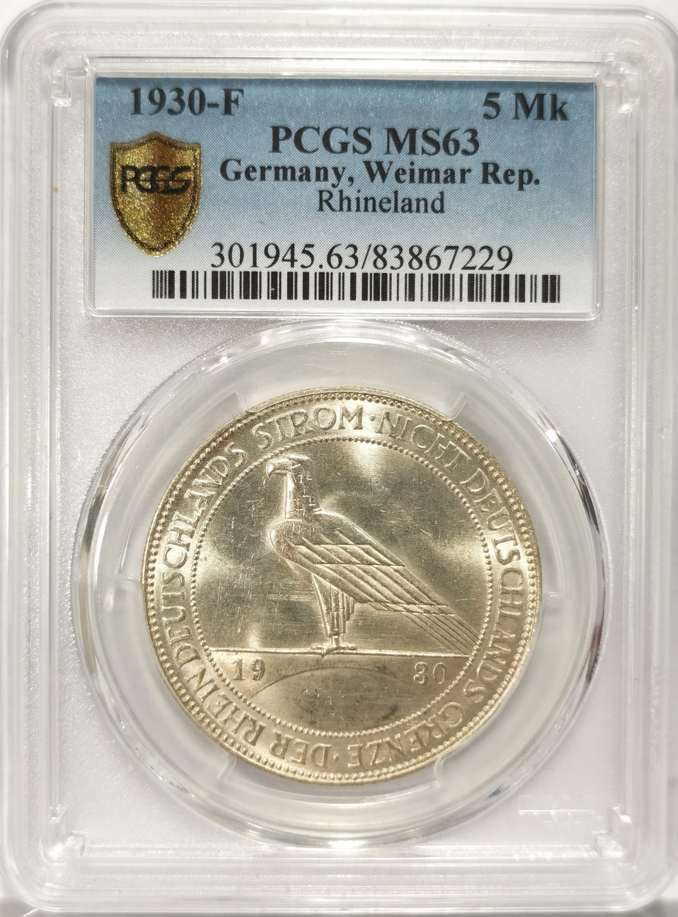 博洋堂【北京钱博会拍卖周】精品专场暨第54期（全场包邮） PCGS MS63 德国魏玛共和国1930年F莱茵解放鹰桥5马克银币