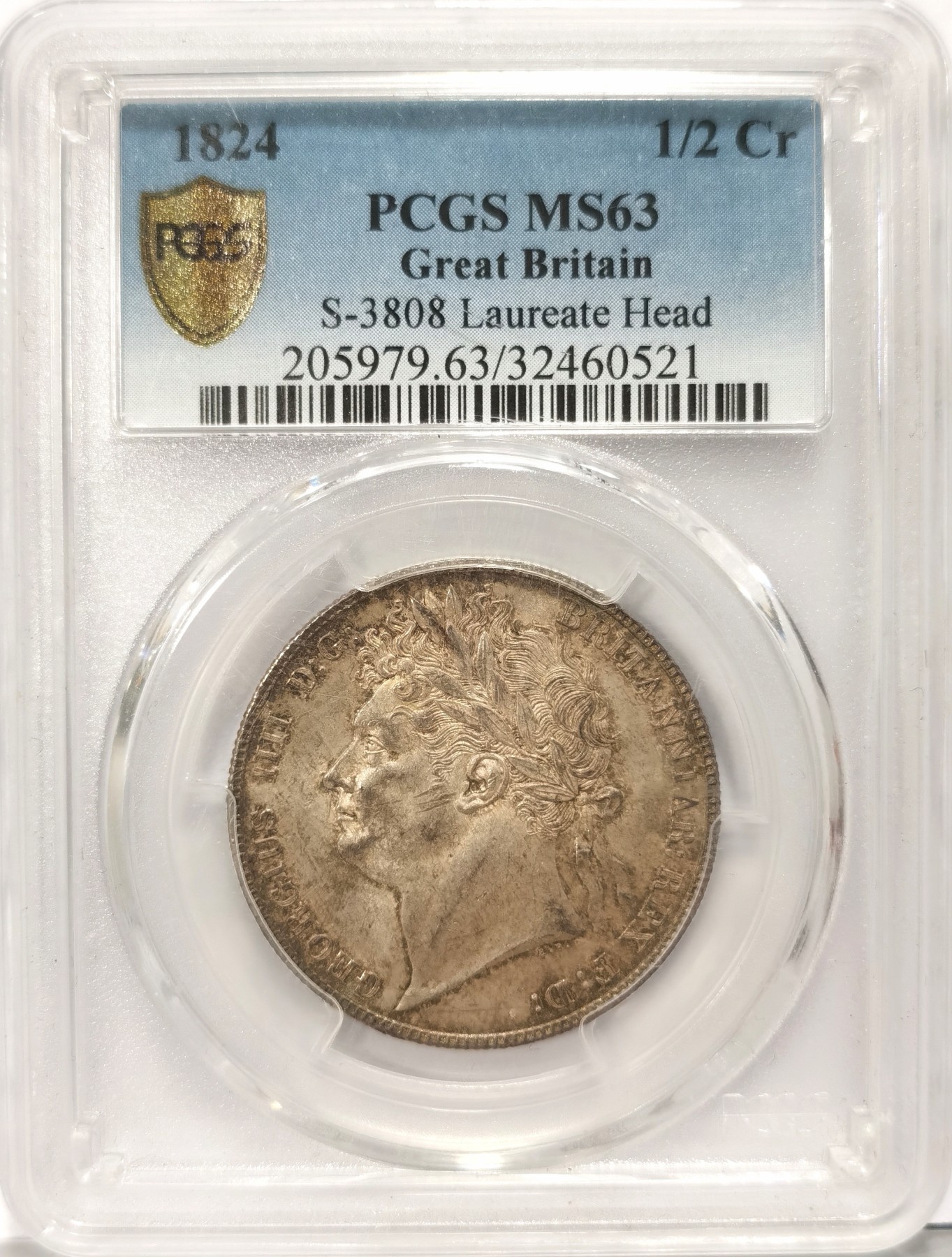 博洋堂【北京钱博会拍卖周】精品专场暨第54期（全场包邮） PCGS MS63 英国1824年乔治四世嘉德版半克朗银币，乔四半克朗中最难的图案系列，流通版只有1823和1824两个年份，其中1824又比1823要少，bu好品非常难得。PCGS评级记录该品种上MS的只有个位数。