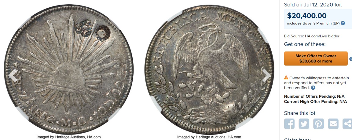 博洋堂【北京钱博会拍卖周】精品专场暨第54期（全场包邮） PCGS AU 泰国加盖墨西哥1857年DO厂鹰洋8R，分别加盖了脉轮及拉玛四世的印章，极其珍稀，2020年VF35成交价为20400美金，更多详见拍品介绍