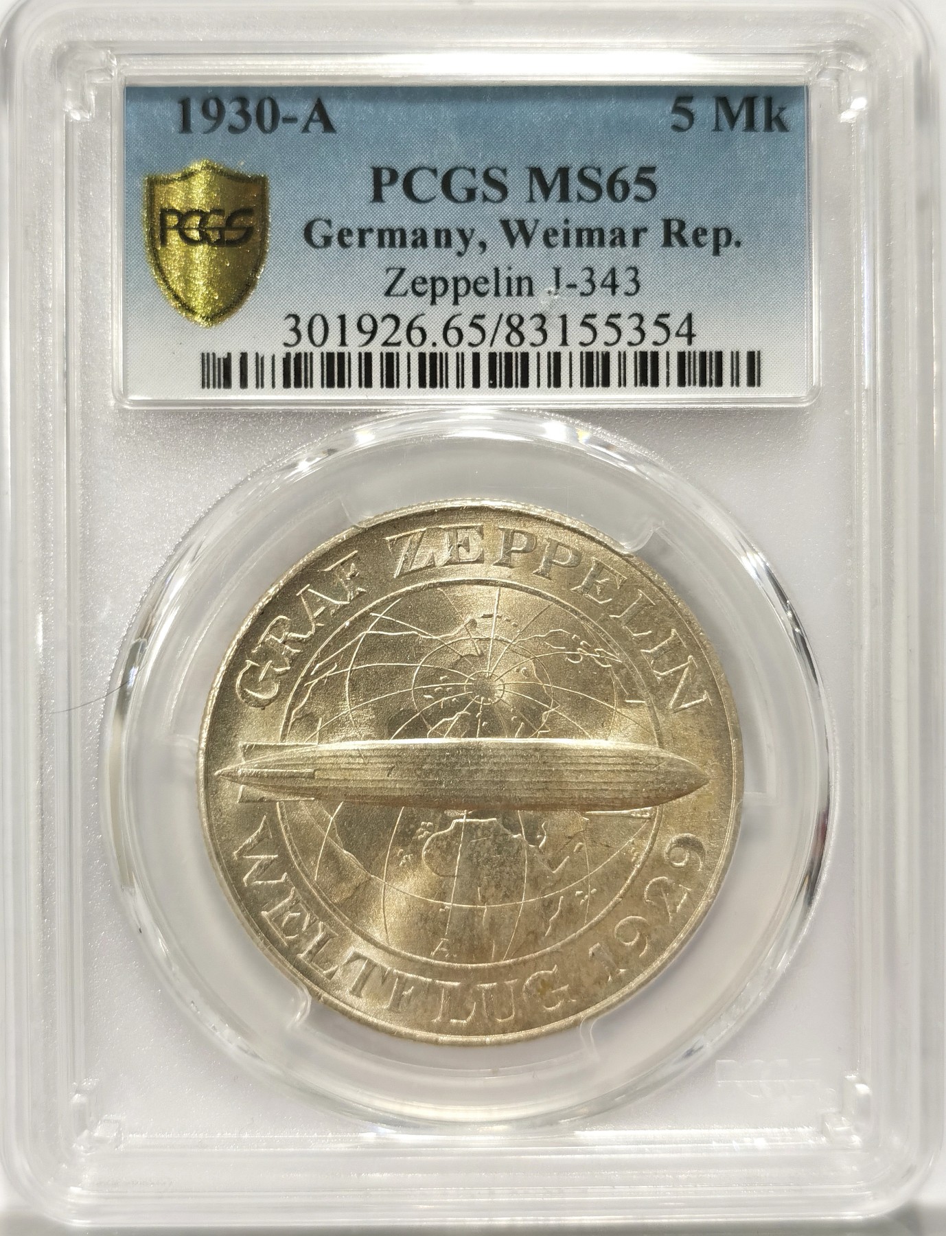 博洋堂【北京钱博会拍卖周】精品专场暨第54期（全场包邮） PCGS MS65 德国魏玛共和国1930年A齐柏林飞艇5马克银币，高分收藏级