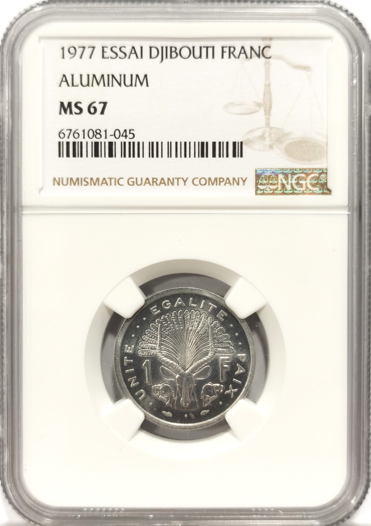 博洋堂【北京钱博会拍卖周】精品专场暨第54期（全场包邮） 稀！NGC MS67 1977吉布提1法郎样币，N盒亚军分，发行量仅有1700枚。
