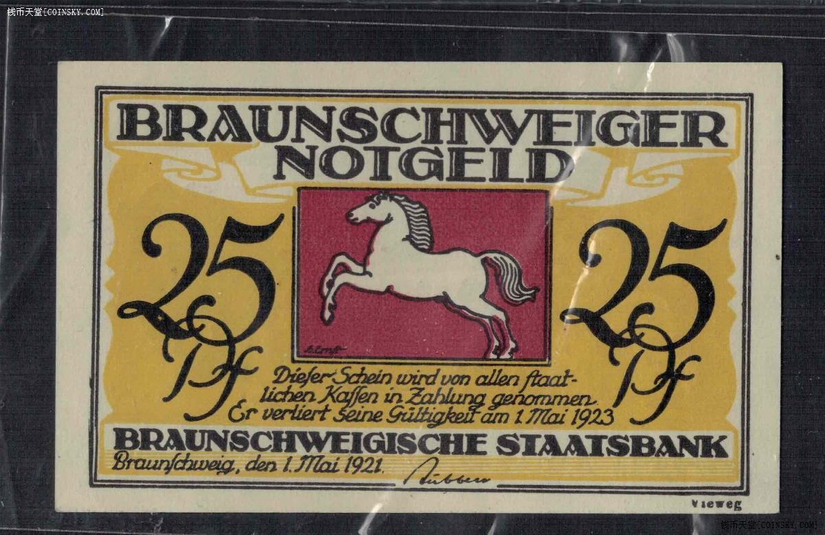 德国1921年(1923年)25芬尼 紧急状态币 欧洲纸币 实物图 UNC