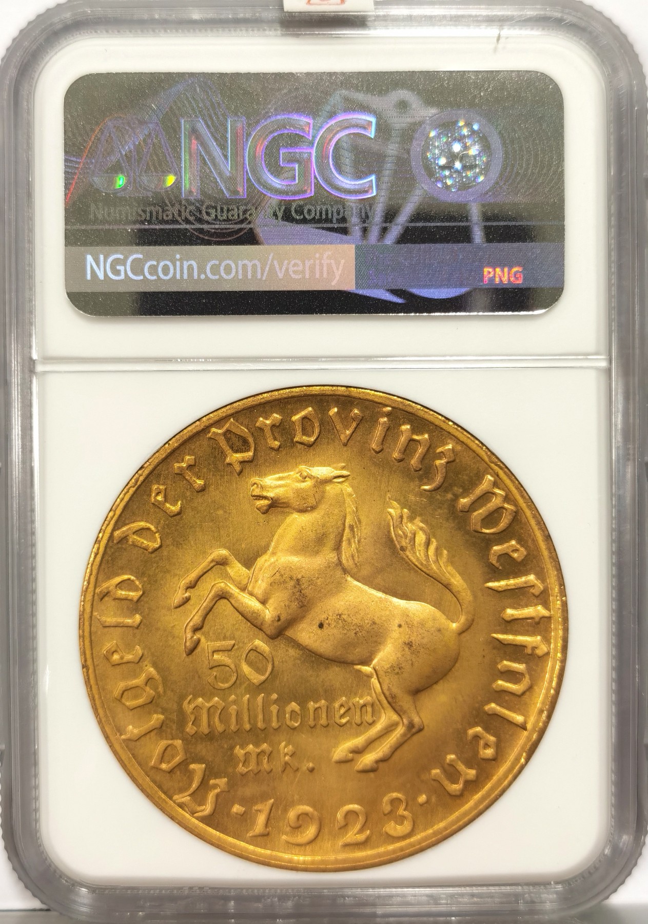 博洋堂【北京钱博会拍卖周】精品专场暨第54期（全场包邮） NGC MS65 德国紧急状态硬币1923年威斯特法伦五千万马克镀金大马币，经典品种，金层完整，镜面感强，略少见面值，凑套必备