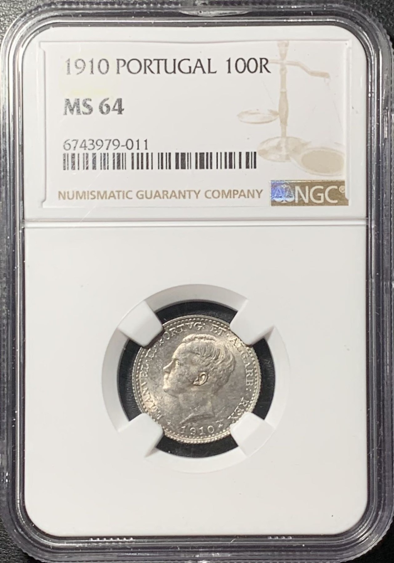 紫瑗钱币——第326期拍卖 葡萄牙 1910年 曼努埃尔二世 100瑞斯 银币 NGC MS64