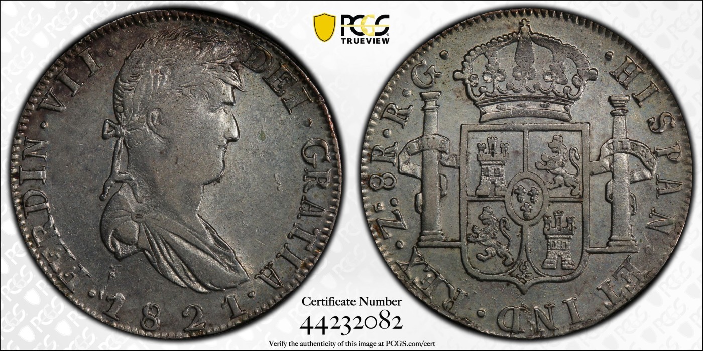 博洋堂【北京钱博会拍卖周】精品专场暨第54期（全场包邮） PCGS AU53 西属墨西哥1821年ZS RG费七双柱银币，著名的内战双柱名誉品，深打漂亮