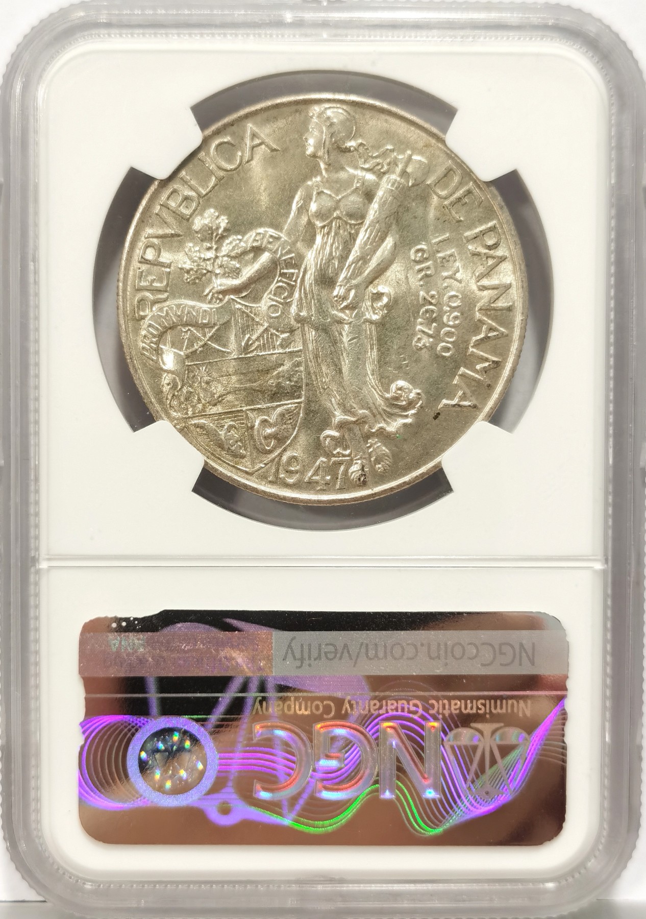博洋堂【北京钱博会拍卖周】精品专场暨第54期（全场包邮） 1947年巴拿马1巴波亚银元NGC-MS62 女神系大主币 收官之年铸造量仅50万枚，直径38.1mm，重26.7g，90%银