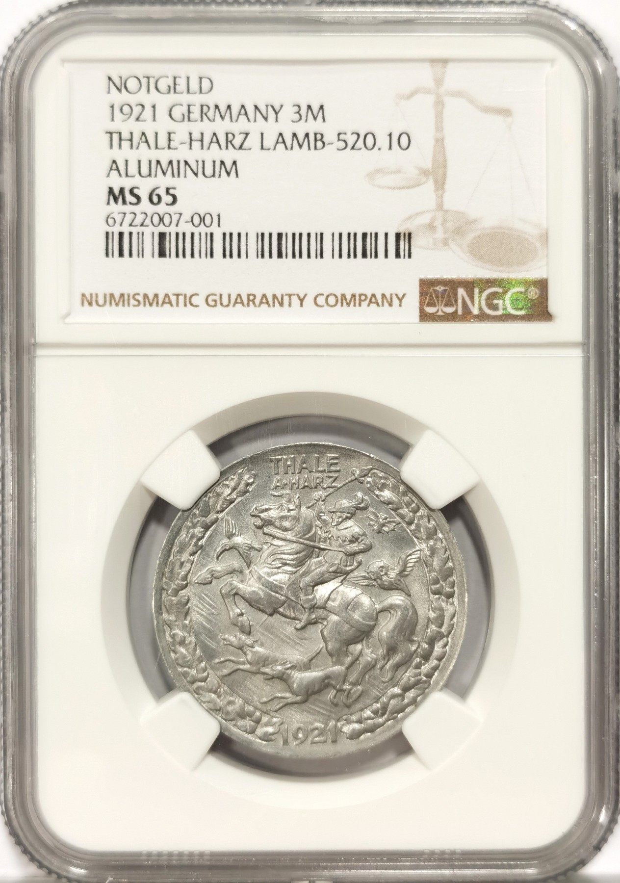 博洋堂【北京钱博会拍卖周】精品专场暨第54期（全场包邮） NGC MS65 德国紧急状态硬币1921年塔勒哈兹猎人3马克，俗称德紧“马剑”，设计精美繁复，游猎的力量与敏捷跃然币面
