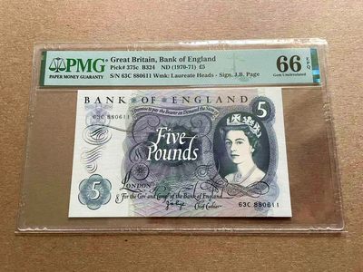 【Blue Auction】✨世界纸币精拍第399期【精】 【倒置号】英国 1970-71年5镑 PMG66EPQ  