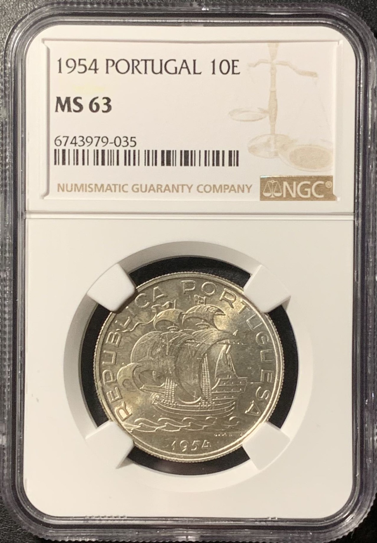 紫瑗钱币——第326期拍卖 葡萄牙 1955年 帆船 10埃斯库多 银币 NGC MS63