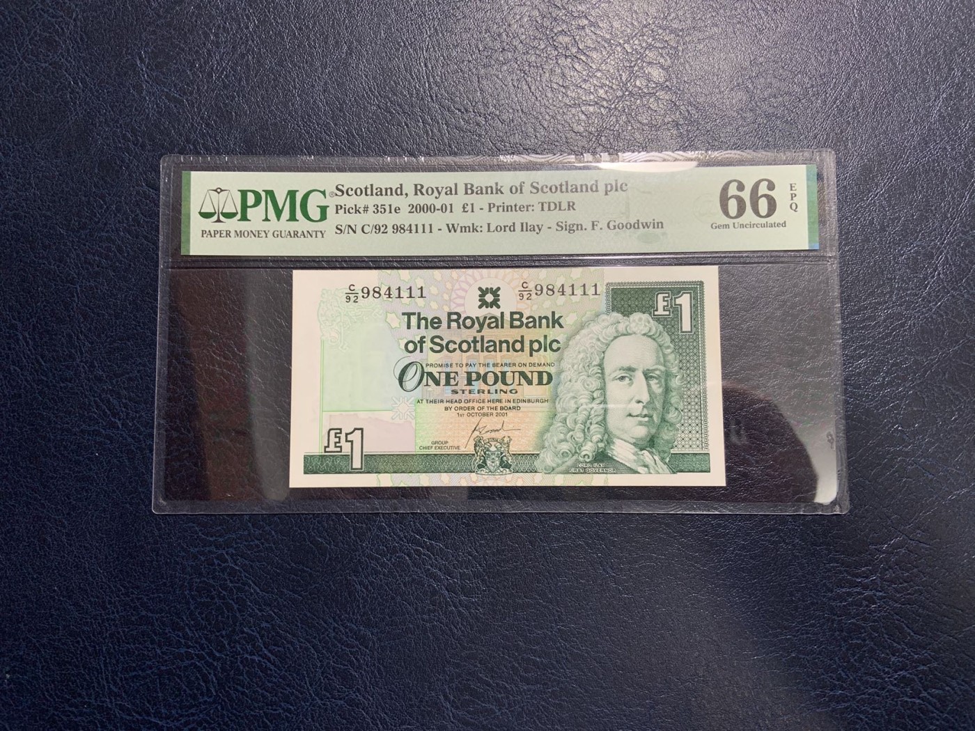 收藏联盟Quantum Auction 第307期拍卖  苏格兰皇家银行2001年1镑 PMG67 豹子号111