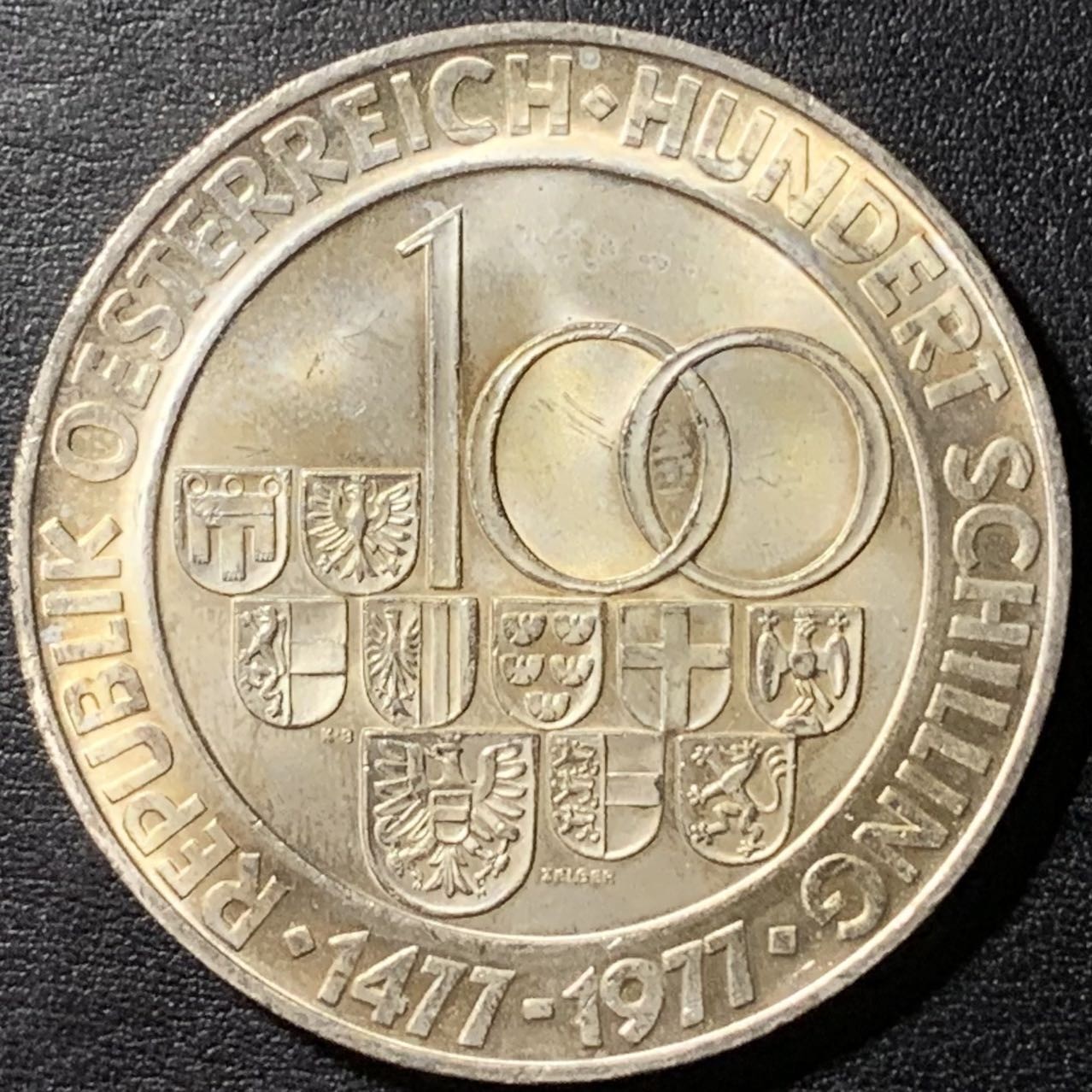紫瑗钱币——第326期拍卖 奥地利 1977年 萨尔茨堡建市900周年 100先令 24克 0.64银 UNC
