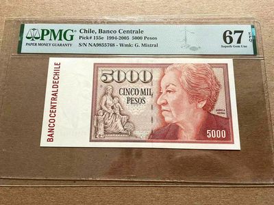 【Blue Auction】✨世界纸币精拍第399期【精】 【冠军分】智利 1994-2005年5000比索 PMG67EPQ 美洲首位诺奖得主 米斯特拉尔