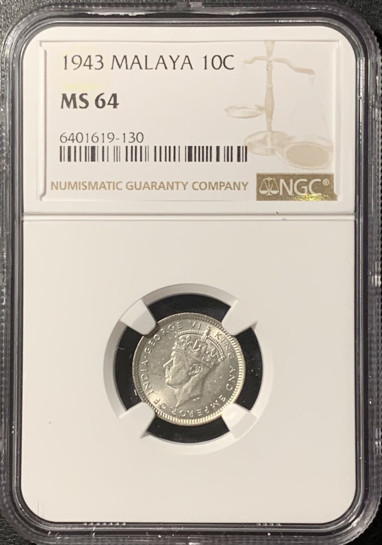 紫瑗钱币——第326期拍卖 马来亚 1943年 乔治六世 10分 银币 NGC MS64