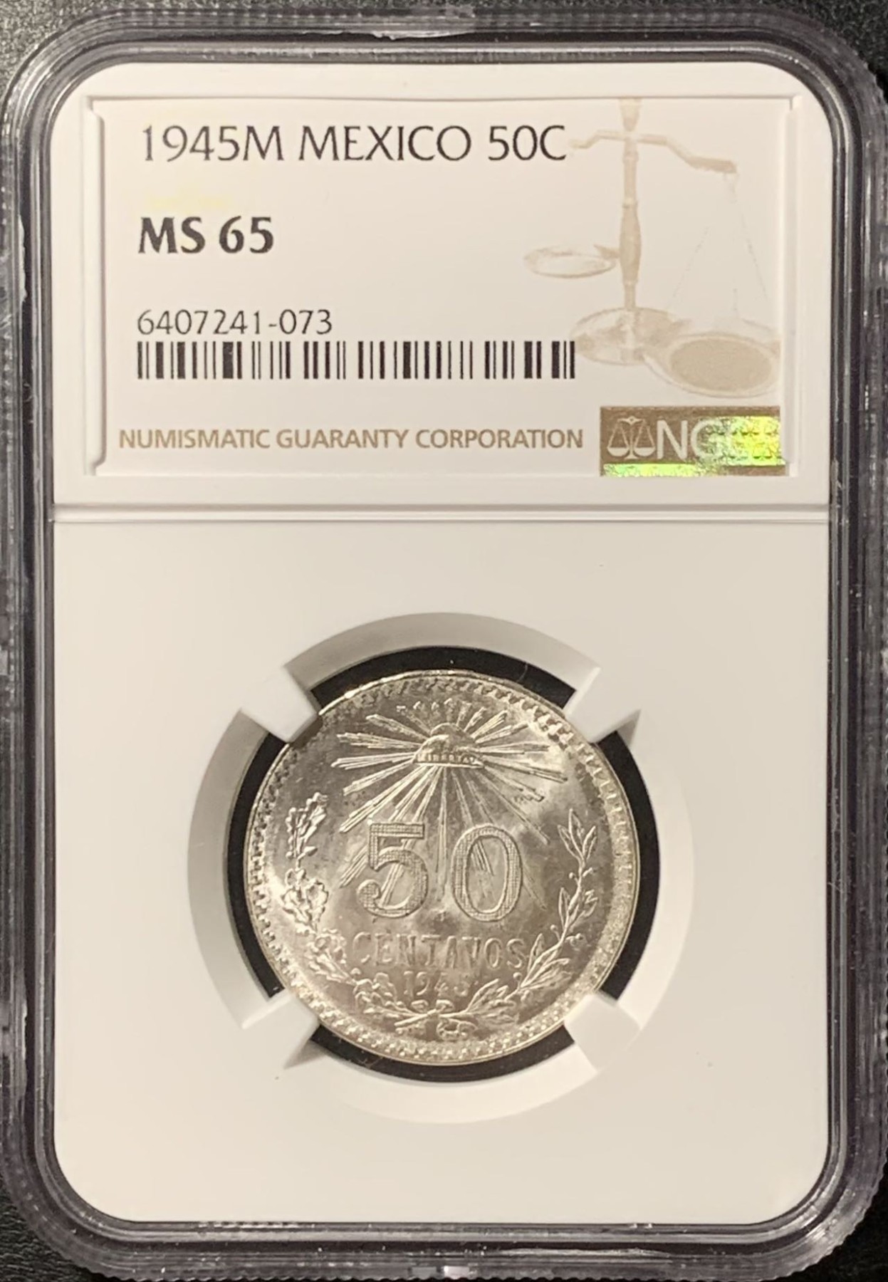 紫瑗钱币——第326期拍卖 墨西哥 1945年 M版 鹰洋 50分 银币 NGC MS65