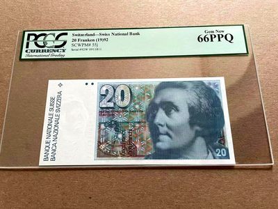 【Blue Auction】✨世界纸币精拍第399期【精】 【倒置号】瑞士 1992年20法郎 PCGS66EPQ 绿标
