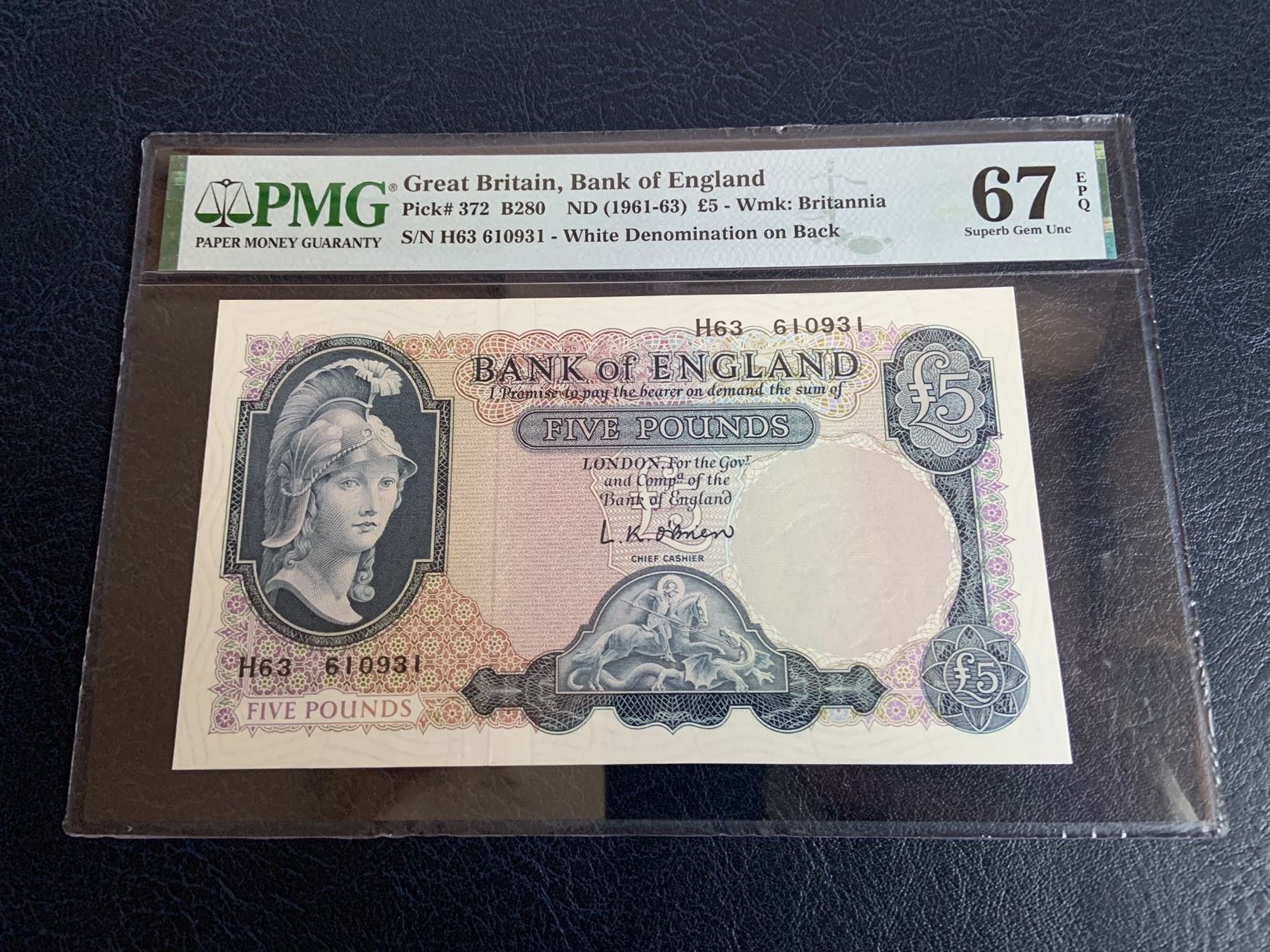 收藏联盟Quantum Auction 第307期拍卖  英国1961-63年5镑 PMG67 号码全程无47 帝国女神
