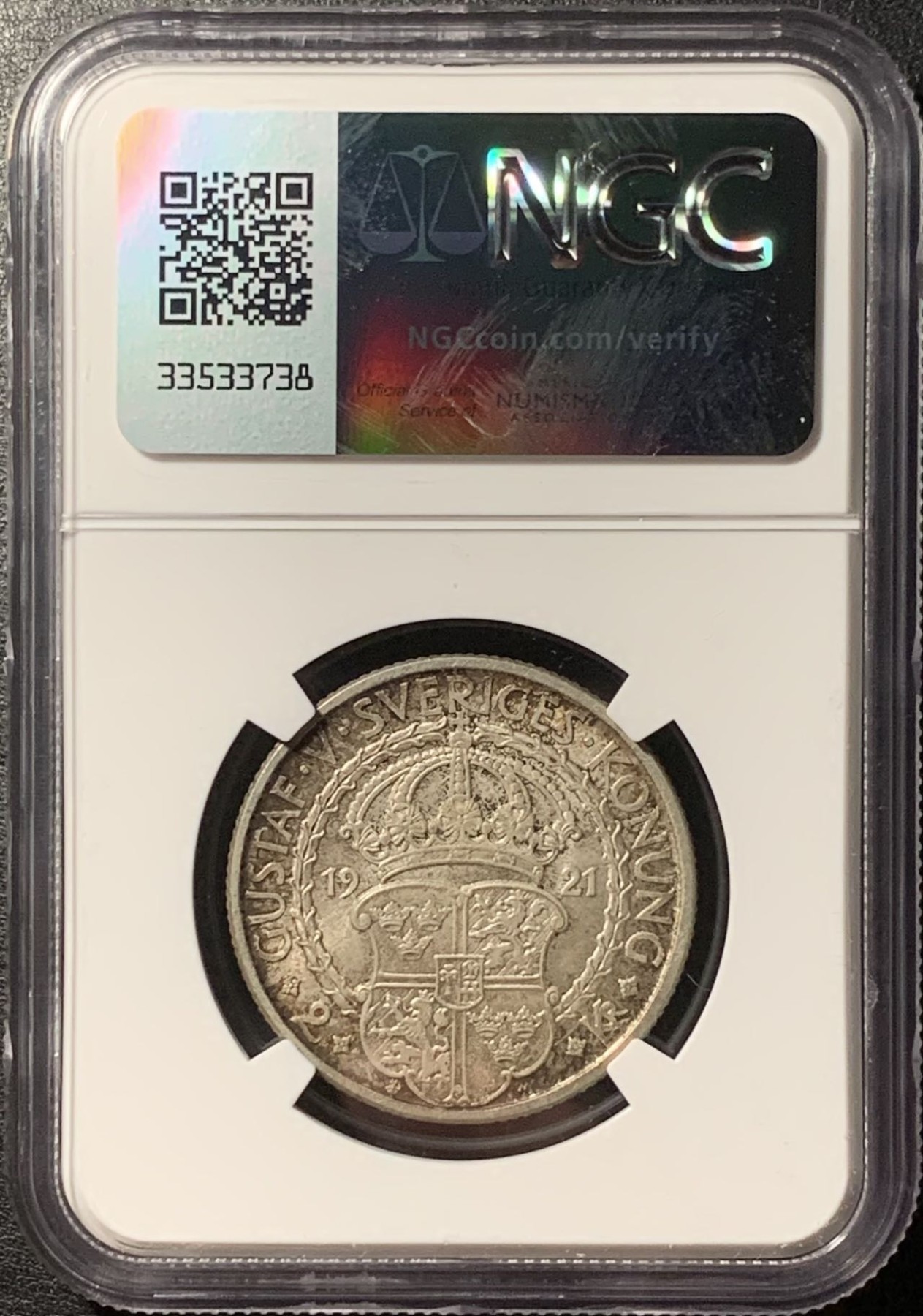 紫瑗钱币——第326期拍卖 瑞典 1921年 政治自由400周年 2克朗 银币 NGC MS65 五彩