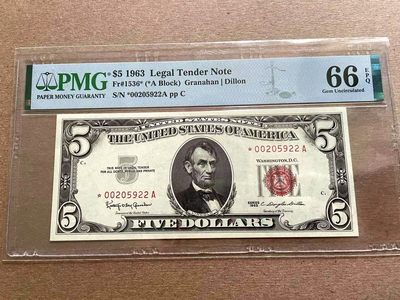 【Blue Auction】✨世界纸币精拍第399期【精】 【补号 无47】美国 1963年5美金 PMG66EPQ 