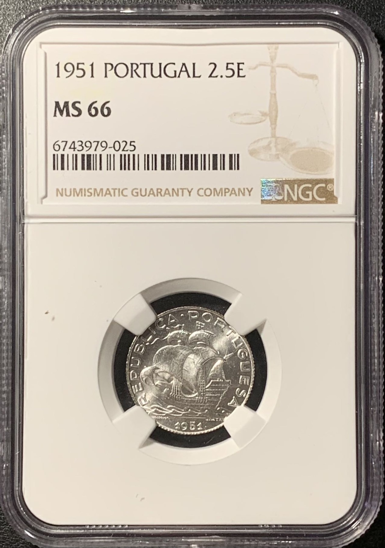 紫瑗钱币——第326期拍卖 葡萄牙 1951年 帆船 2.5埃斯库多 银币 NGC MS66
