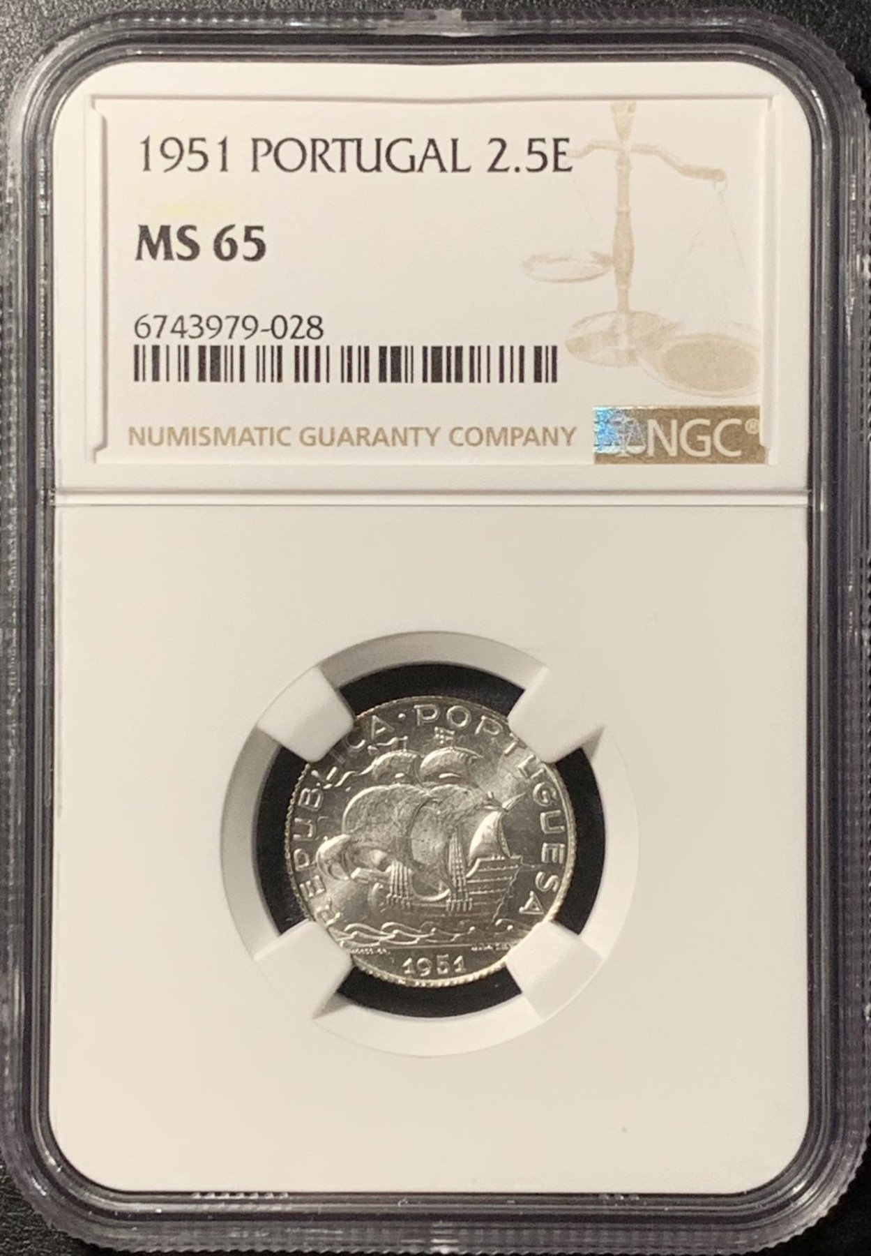 紫瑗钱币——第326期拍卖 葡萄牙 1951年 帆船 2.5埃斯库多 银币 NGC MS65