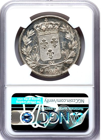 【Blue Auction】✨世界纸币精拍第399期【精】 【热门品种】法国 波旁王朝复辟君主路易十八 大胖子国王 1821A 巴黎造币厂（雄鸡厂标） 5法郎 大银币 NGC MS62 高分少见 底板丝滑 发丝清晰 非常漂亮