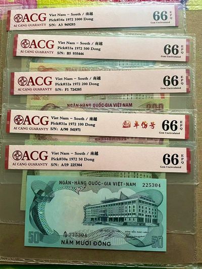 【Blue Auction】✨世界纸币精拍第399期【精】 【一组5张】南越 1972年50-1000盾 ACG66EPQ 
