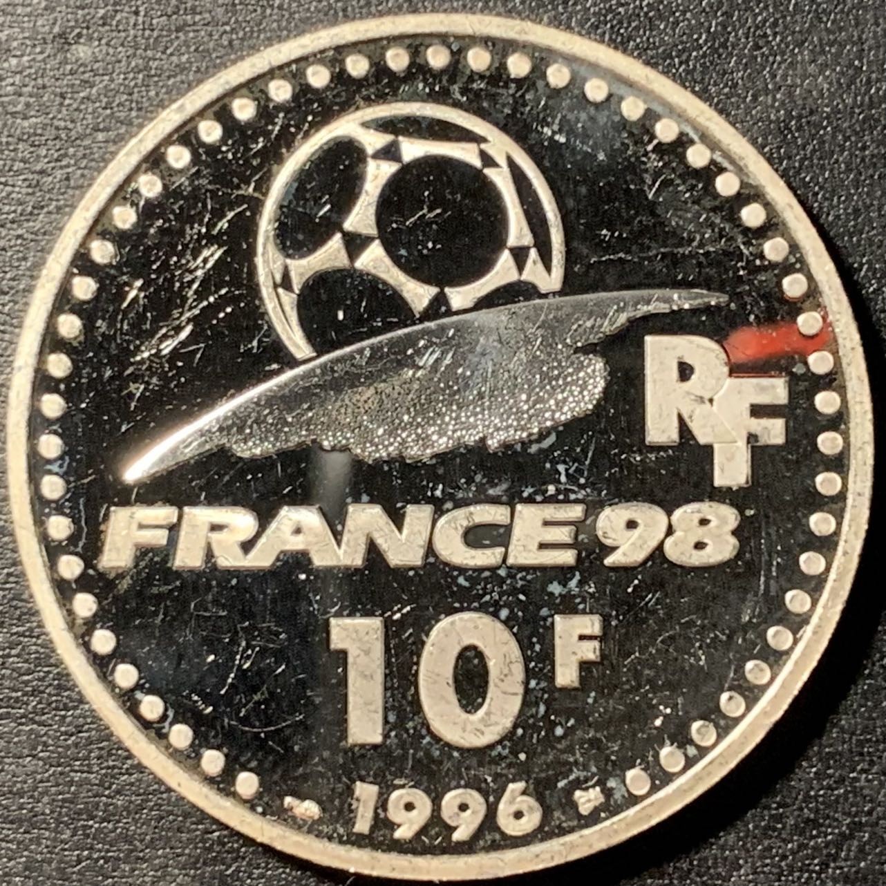 紫瑗钱币——第326期拍卖 法国 1996年 法国世界杯 进球 10法郎 21.16克 0.9银 精制（划痕）