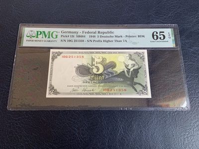 收藏联盟Quantum Auction 第307期拍卖  - 德国联邦1948年5马克 PMG65 号码无47 欧罗巴女神