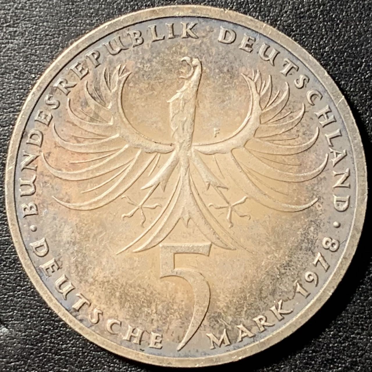 紫瑗钱币——第326期拍卖 联邦德国 1978年 F厂 诺依曼逝世225周年 5马克 11.2克 0.625银 UNC 五彩