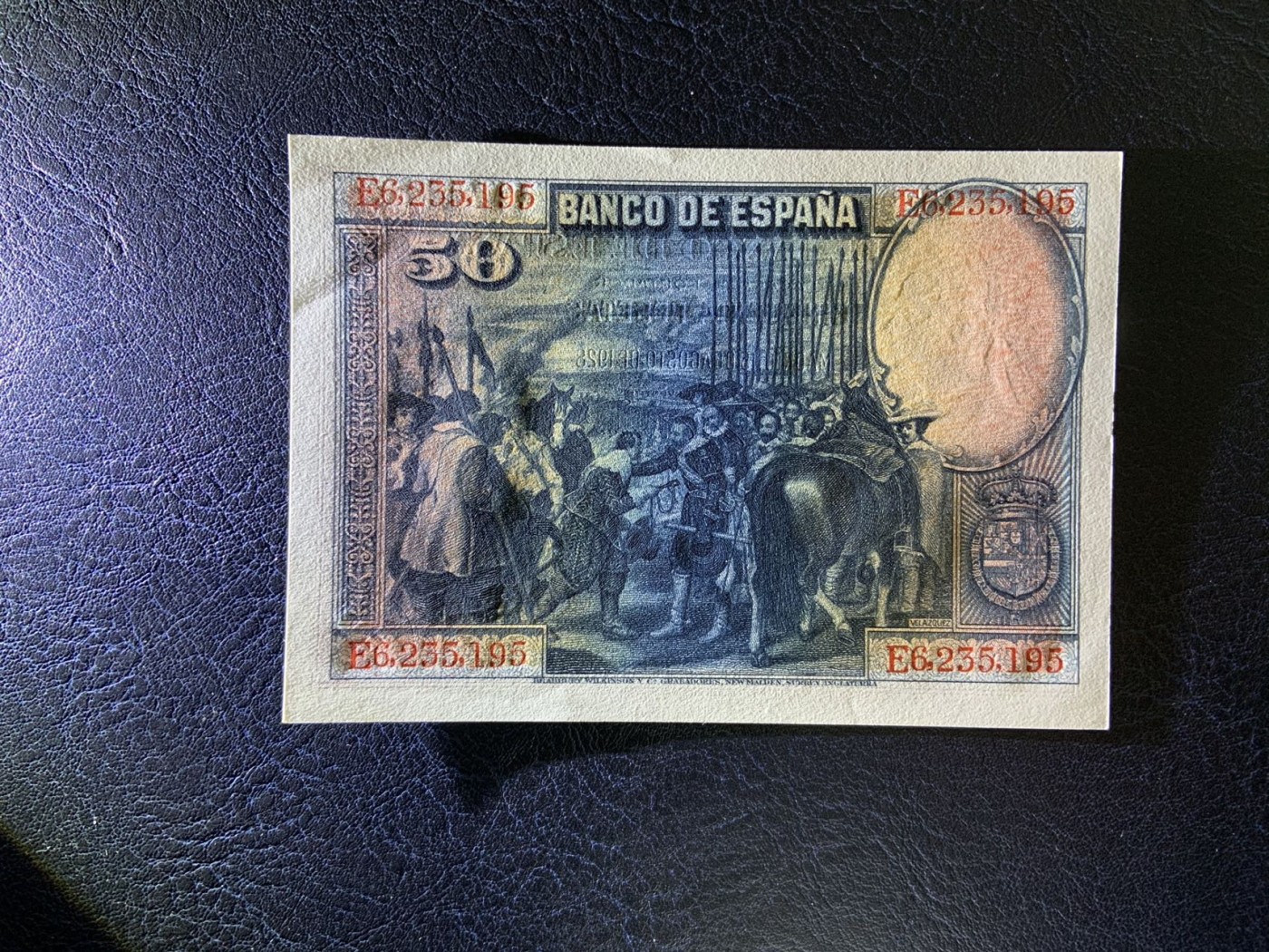 收藏联盟Quantum Auction 第307期拍卖  西班牙1928年50比塞塔 品相UNC 角有瑕疵 号码无4