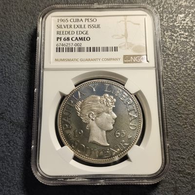 0起1加-纯粹捡漏拍-265套币银币精品场 - 古巴流亡政府1965年女神1比索精制银币-NGC PF68 CAMEO