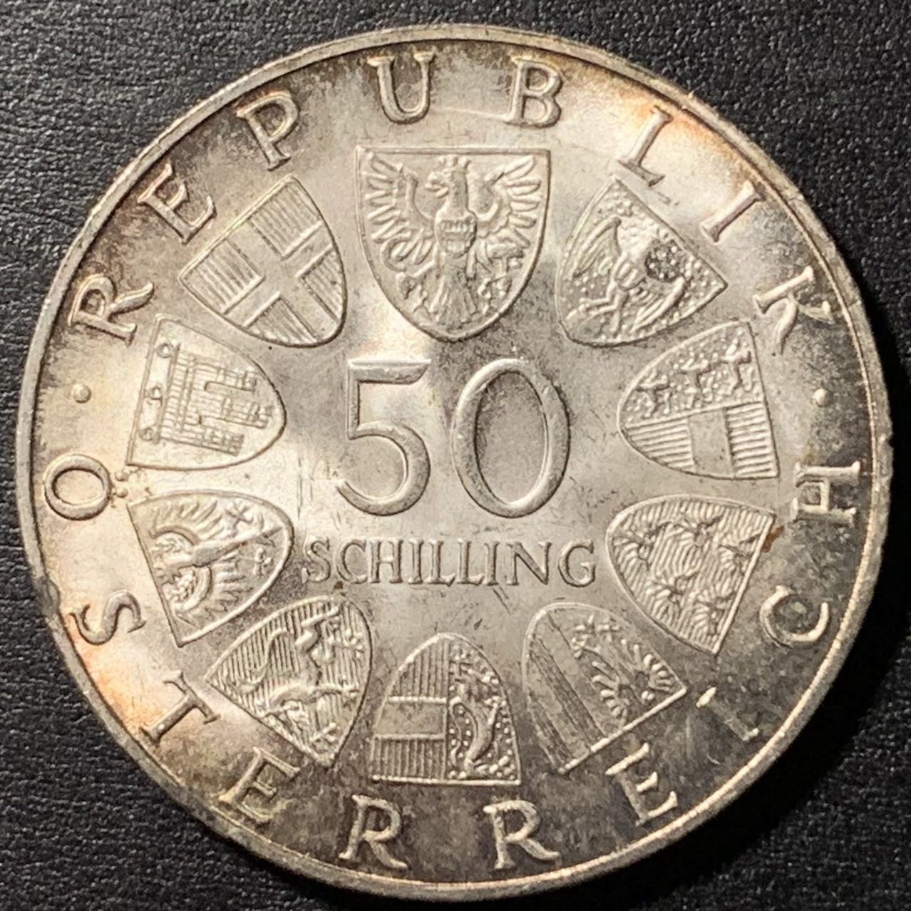 紫瑗钱币——第326期拍卖 奥地利 1968年 第二共和国建国50周年 50先令 20克 0.9银 UNC 五彩