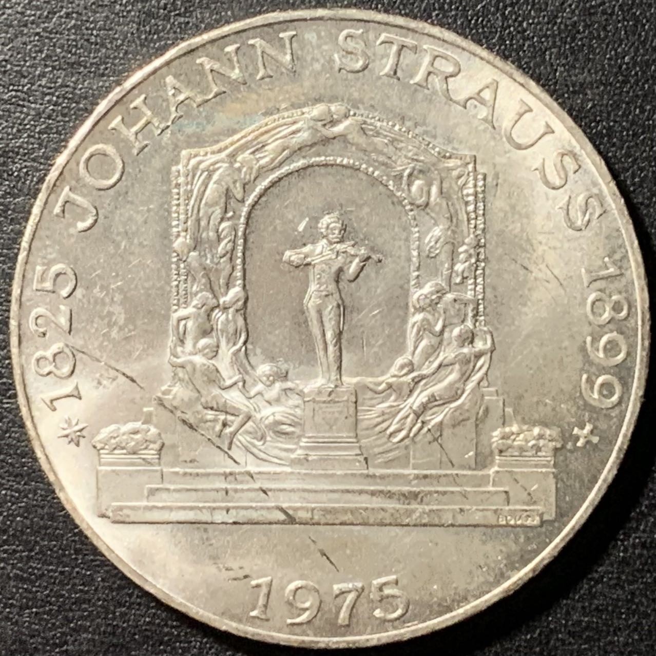 紫瑗钱币——第326期拍卖 奥地利 1975年 约翰 斯特劳斯150周年 100先令 24克 0.64银 UNC
