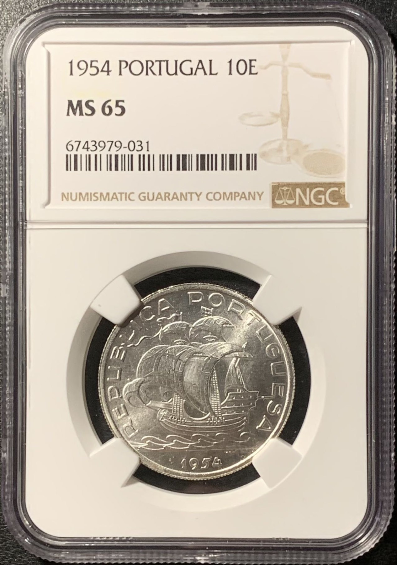 紫瑗钱币——第326期拍卖 葡萄牙 1955年 帆船 10埃斯库多 银币 NGC MS65