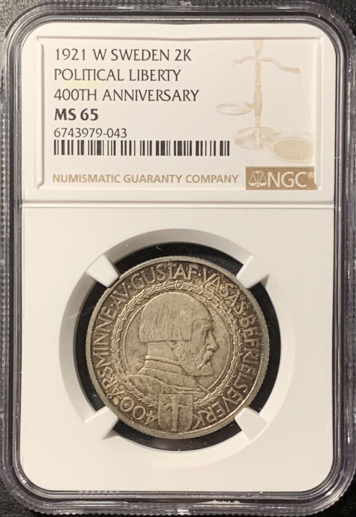 紫瑗钱币——第326期拍卖 瑞典 1921年 政治自由400周年 2克朗 银币 NGC MS65 五彩