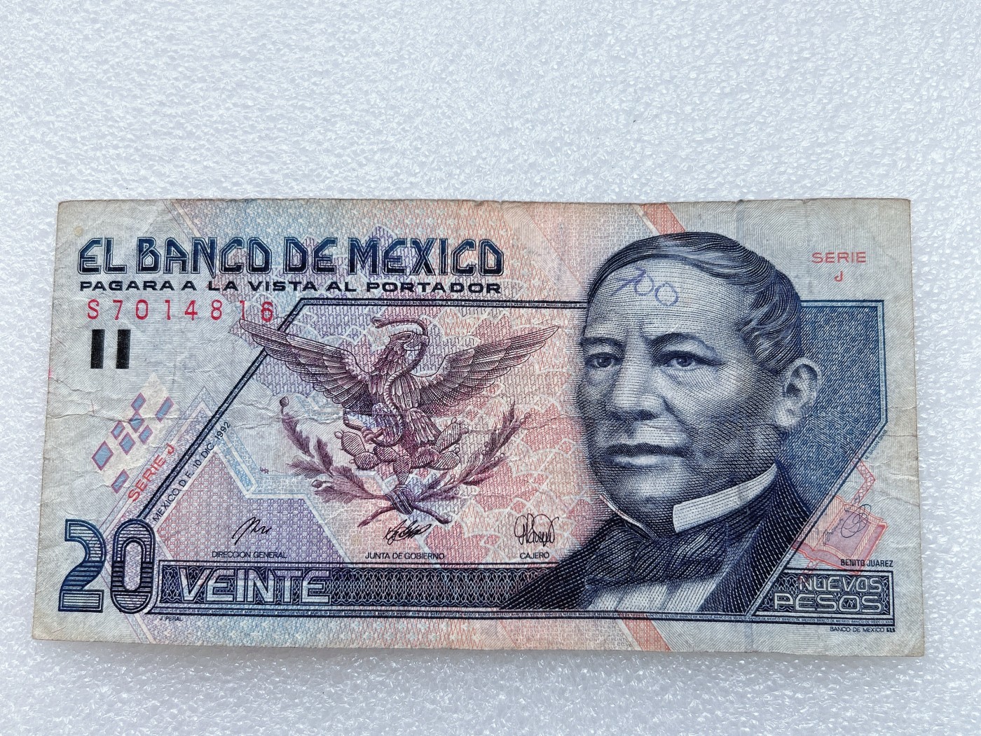 全场一元起拍 各国纸币专场 第43期 墨西哥1992年20比索纸币 首版 有字迹