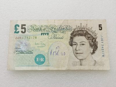 全场一元起拍 各国纸币专场 第43期 英国2002年5镑纸币 有字迹