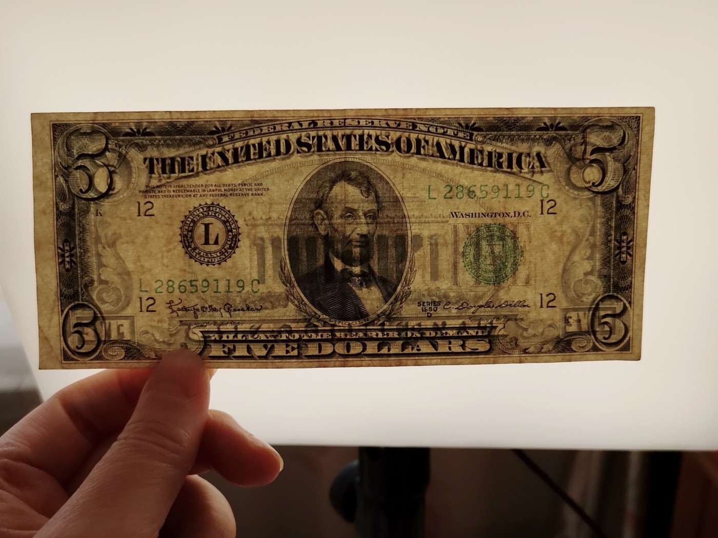 全场一元起拍 各国纸币专场 第43期 美国 1950年D版 5元(联邦储备券)(库印L 波士顿) 尾号9119