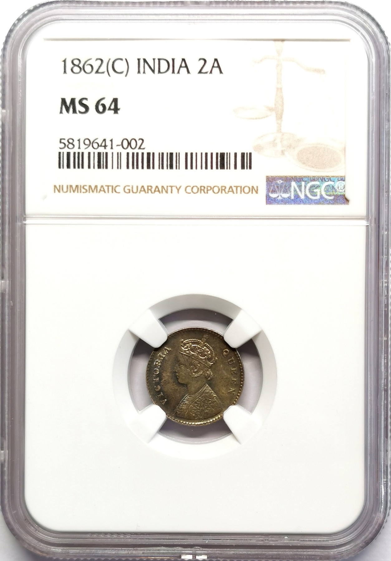 凡希社世界钱币微拍第二百五十六期 1862英属印度小维2安那银币NGC-MS64五彩极佳！