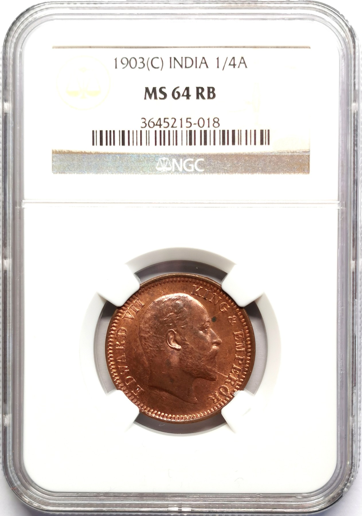 凡希社世界钱币微拍第二百五十六期 1903英属印度爱七1/4安那铜币NGC-MS64