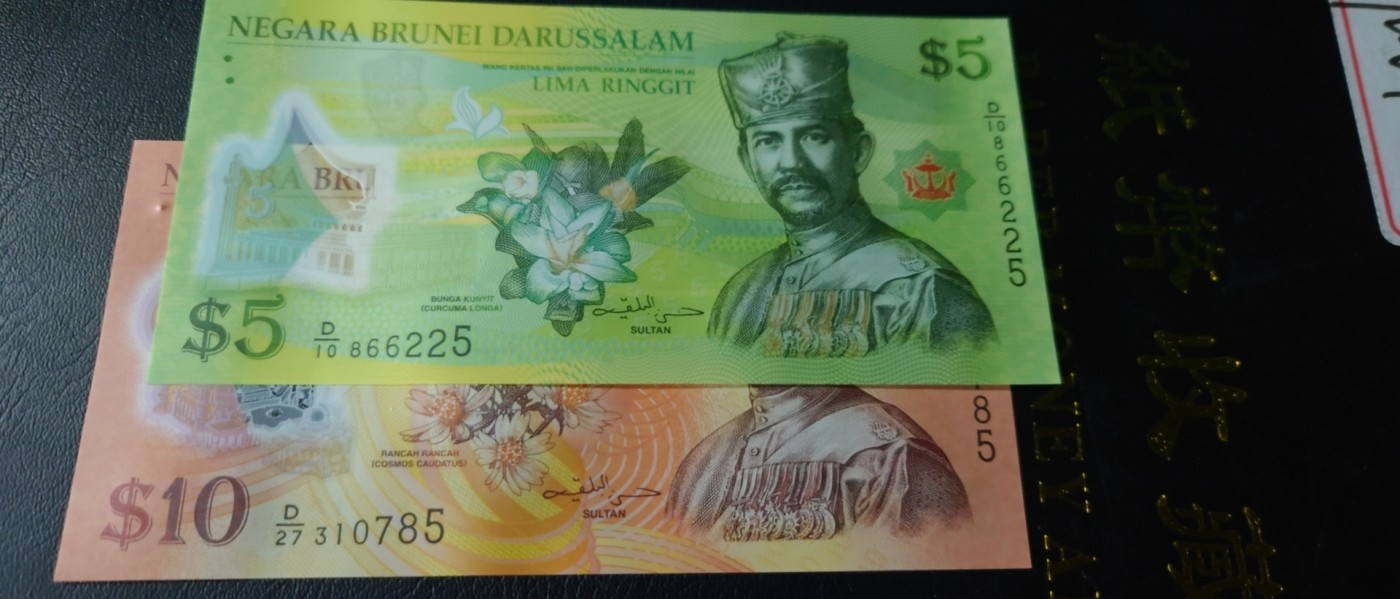 【世界钱币】精选微拍第87期暨2023年第三十四期 裸钞专场 文莱5+10林吉特 全新绝品尾5