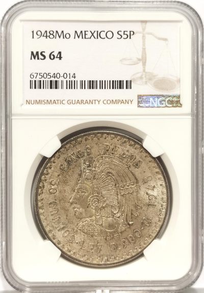 博洋堂世界钱币拍卖第163期（全场包邮） - NGC MS64 墨西哥1948年玛雅人5比索大银币